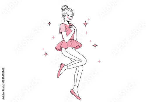 Girl in pink tutu floating with stars - Lifestyle Illustration, Flat Line Art, Flat Style Illustration, Flat Line Illustration, Cartoon Line Illustration, Modern Outline Flat Illustration
