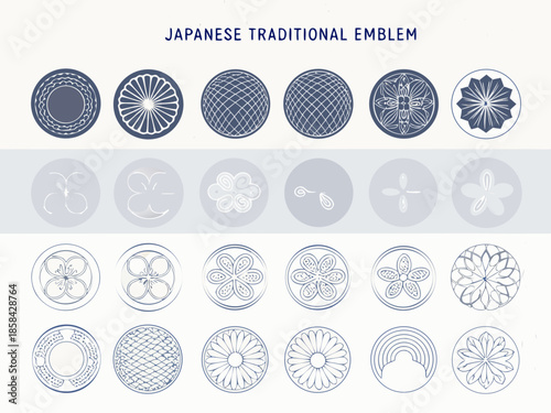 Collection of japanese traditional emblems and circular motifs in blue tones