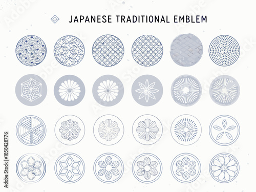 Collection of japanese traditional emblems and circular geometric designs in blue tones