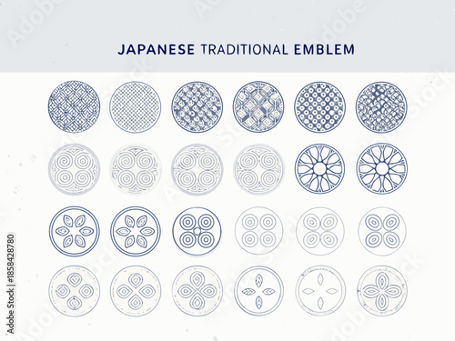 Collection of japanese traditional circular emblems and decorative designs in blue