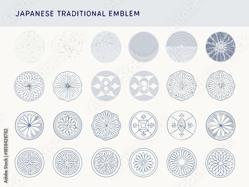 A collection of japanese traditional circular emblems and designs in varying shades
