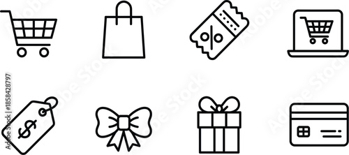 Online shopping and e-commerce line icon set, retail store purchase symbols, discount coupon, gift box, and credit card
