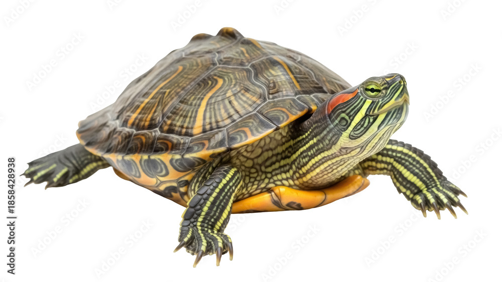 Fototapeta premium Isolated Red-eared slider turtle with colorful markings, pet reptile in full view, close-up shot