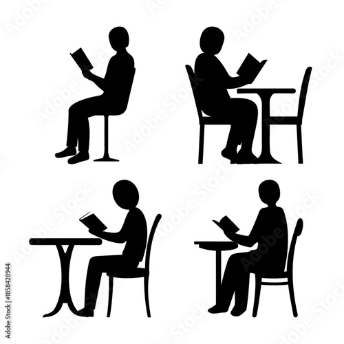 Reading silhouettes: people sitting with books at tables