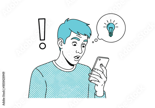 Man having a lightbulb moment on phone - Lifestyle Illustration, Flat Line Art, Flat Style Illustration, Flat Line Illustration, Cartoon Line Illustration, Modern Outline Flat Illustration