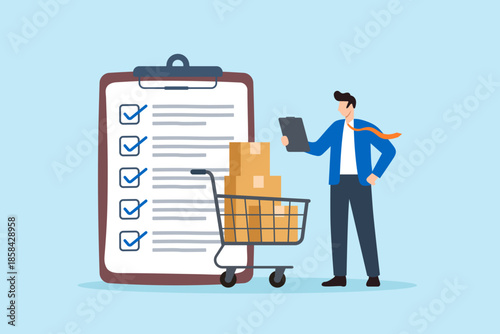 Flat illustration of businessman checking completed list beside shopping cart symbolizing order fulfillment inventory management and supply chain process