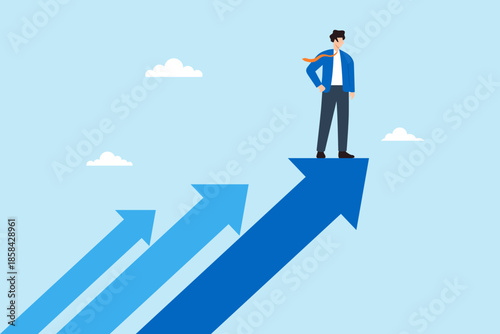 Flat illustration of businessman standing on rising arrows symbolizing business growth progress leadership and future success direction