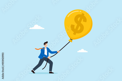 Flat illustration of businessman pulling giant dollar balloon upward symbolizing financial growth income expansion investment opportunity and rising wealth potential