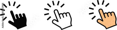 Finger click and touch interaction icon set, hand cursor symbols, digital interface selection, navigation point vector design elements