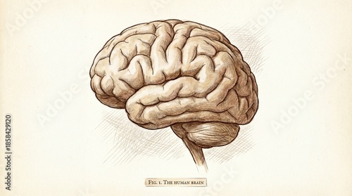 Anatomical illustration of human brain in detailed vintage style  