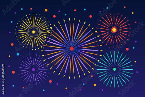 Vibrant fireworks display illuminates a dark blue night sky with colorful bursts