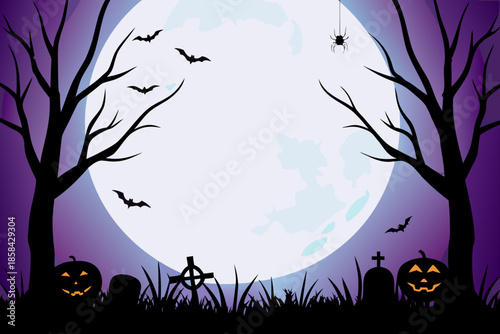 A spooky halloween scene with a full moon bats and pumpkins