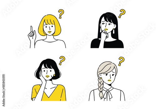 Confused women pondering questions - Lifestyle Illustration, Flat Line Art, Flat Style Illustration, Flat Line Illustration, Cartoon Line Illustration, Modern Outline Flat Illustration