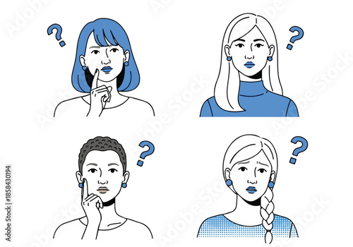 Four individuals in thoughtful poses - Lifestyle Illustration, Flat Line Art, Flat Style Illustration, Flat Line Illustration, Cartoon Line Illustration, Modern Outline Flat Illustration