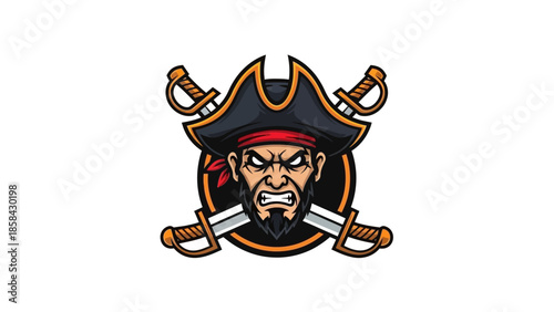 Fierce Pirate Captain Emblem with Crossed Swords and Tricorne Hat.