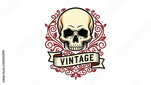 Vintage Skull Emblem with Ornate Swirls and Banner.