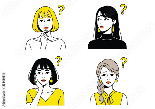 Four women in thoughtful poses - Lifestyle Illustration, Flat Line Art, Flat Style Illustration, Flat Line Illustration, Cartoon Line Illustration, Modern Outline Flat Illustration