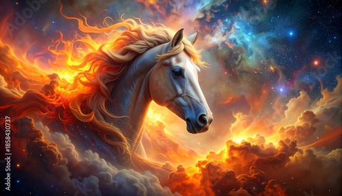 Majestic horse amid vibrant cosmic flames and celestial clouds