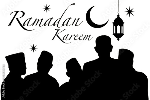 Ramadan Kareem illustration with Muslim community silhouette, lantern, and crescent moon, representing unity, faith, and spiritual reflection