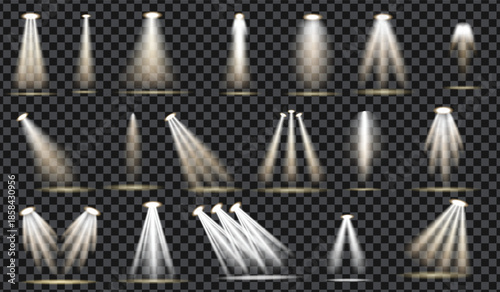 Big collection scene illumination on transparent background. stage illuminated spotlight. Glowing light effect with gold rays and beams. Scene floodlight spotlight stage beam.