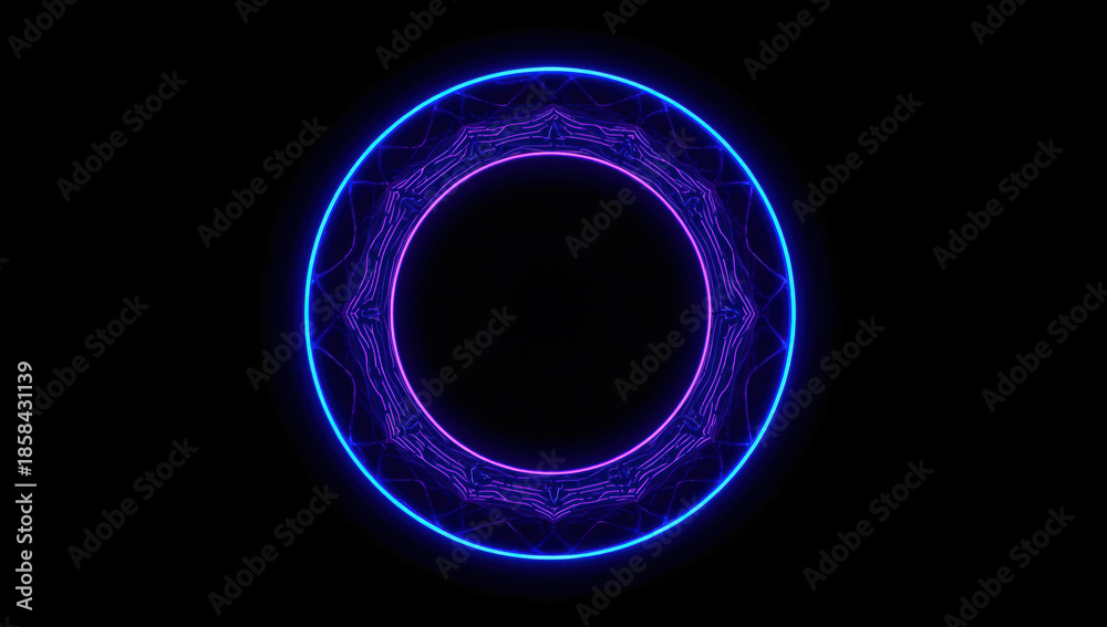 Fototapeta premium Neon circle halo glowing blue purple ring with intricate circuit pattern