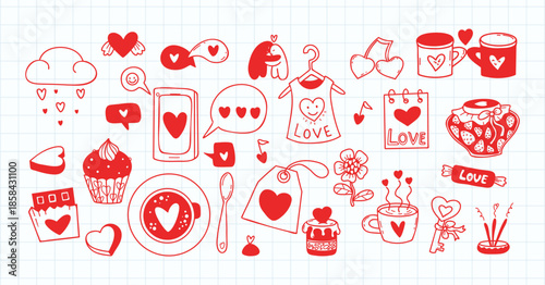 Love Valentines Day Doodle. Hand Drawn Set. Isolated Coffee, Sweet, Strawberry Jam, Cupcake And Romantic Symbols on checkered notebook background. Vector Illustration. Not AI
