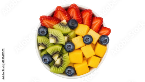 Schilderij op canvas Isolated bowl of fresh fruit salad containing strawberries, kiwi, blueberries, a