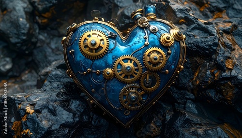 Mechanical heart, gears and blue metallic body, resting on textured stone