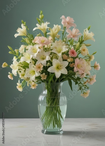 Wallpaper Mural Elegant vase filled with pale green water and a mix of lilies, freesias, and carnations,  floral arrangement, ,  flower arrangement ideas Torontodigital.ca