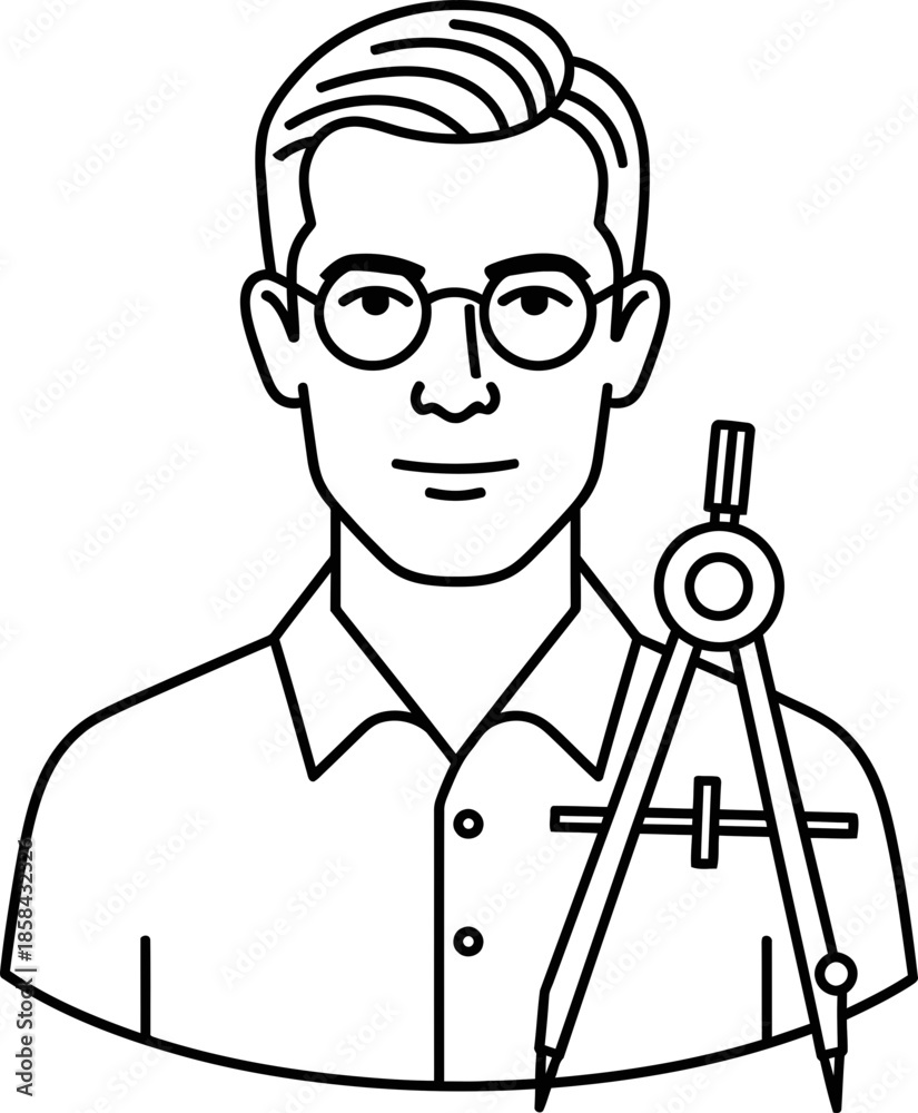 Obraz premium Man architect or engineer with glasses holding a compass. Line drawing style concept. Vector illustration for avatar, banner, diagram, icon