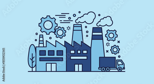 Industrial factory vector illustration with production gears smokestacks and delivery truck on blue background