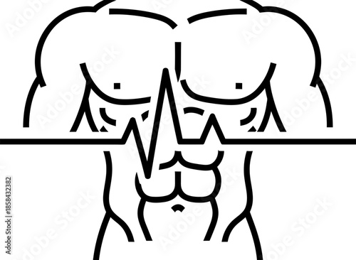 Bodybuilder man chest and abs with heartbeat line. Fitness and health concept. Outline icon for medicine, sport, gym