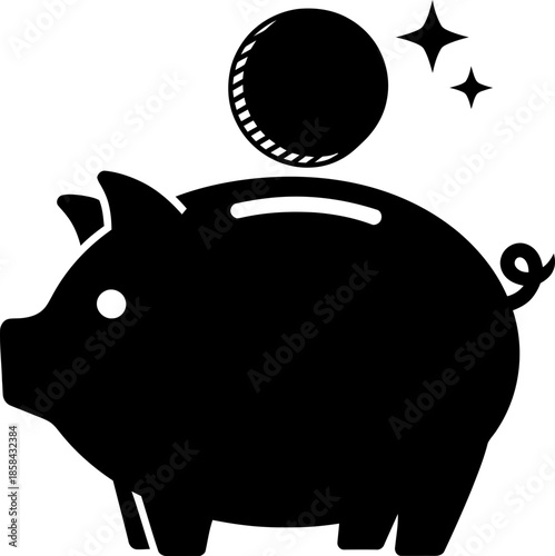 Piggy bank icon with coin drop and sparkle. Finance, save, money, investment, banking, business concept. Vector black graphic illustration