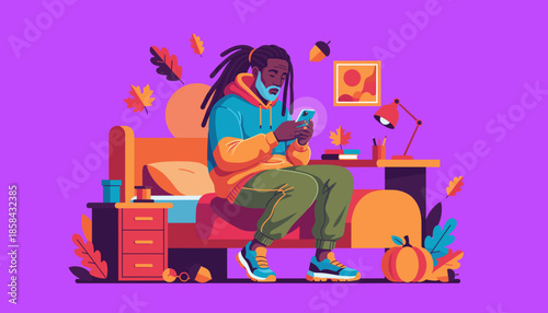 Young man scrolling smartphone on bed in a cozy vibrant autumnthemed room