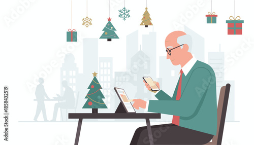 Focused senior businessman multitasking with tablet and phone during the busy Christmas season in a city office