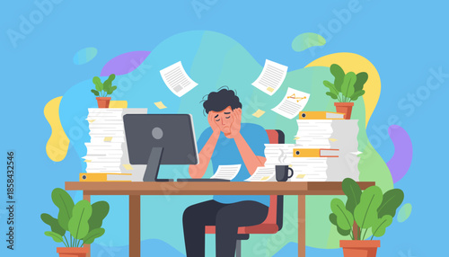 Exhausted worker suffering from stress and burnout due to overwhelming workload and piles of paper