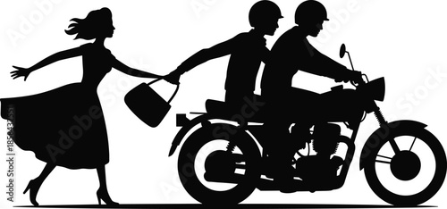 A High-Contrast Vector Silhouette Scene Depicting a Pillion Rider on a Motorcycle Snatching a Bag from a Distressed Woman in Motion.