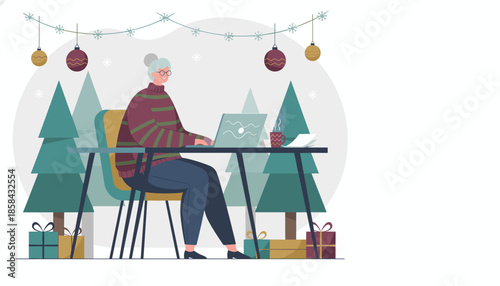 Elderly woman remote work during Christmas surrounded by trees and gifts