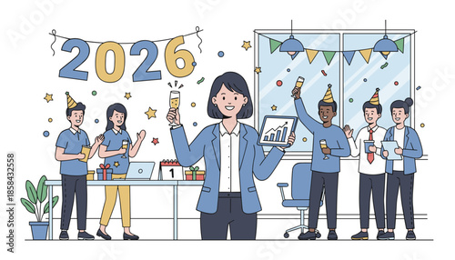 Business team celebrates 2026 New Year success with champagne and growth charts at the office party