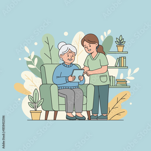 Caregiver assists senior woman with a tablet Home health care digital literacy and supportive technology