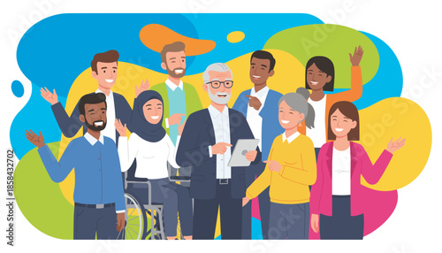 Diverse multigenerational business team smiling and waving Inclusion collaboration and community concept