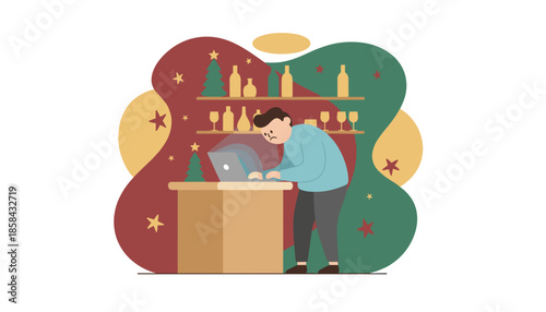 Sad man working on a laptop at a festive bar illustrating holiday work stress overload and burnout