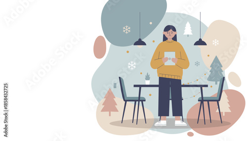 Sad woman holding a device in a winter cafe illustration Seasonal stress loneliness or bad news concept