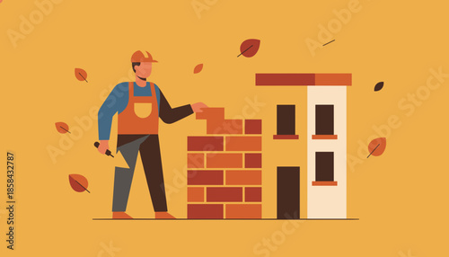 Builder in hard hat laying brick wall in autumn construction scene