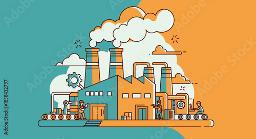 Industrial factory production line vector illustration with workers and smokestacks
