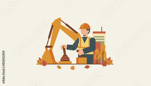 Construction worker operating heavy excavator machinery near city buildings illustrating engineering and industry work