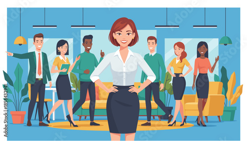 Diverse business team collaborating in a modern office space led by a successful and confident female manager