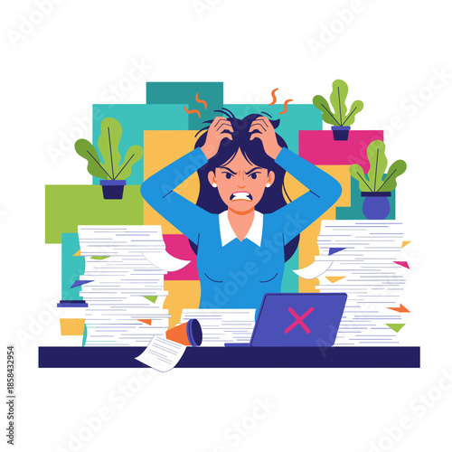 Stressed businesswoman overwhelmed by paperwork and failure suffering from job burnout illustration