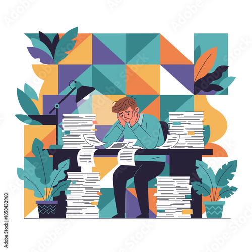 Stressed worker buried under documents illustrating excessive workload pressure and professional burnout