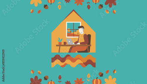 Remote work illustration Man at home office desk with laptop in cozy autumn setting